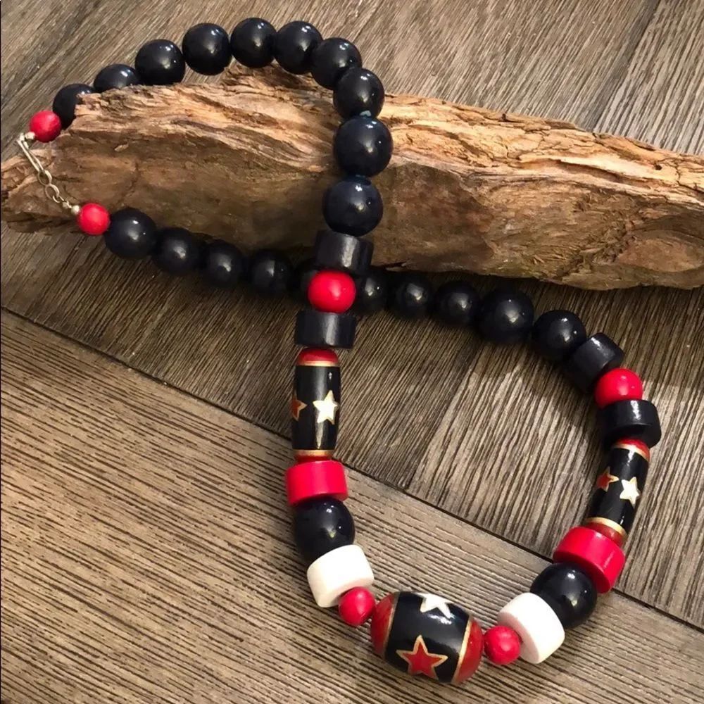 Vintage Red White Blue Wooden Bead Necklace Stars
